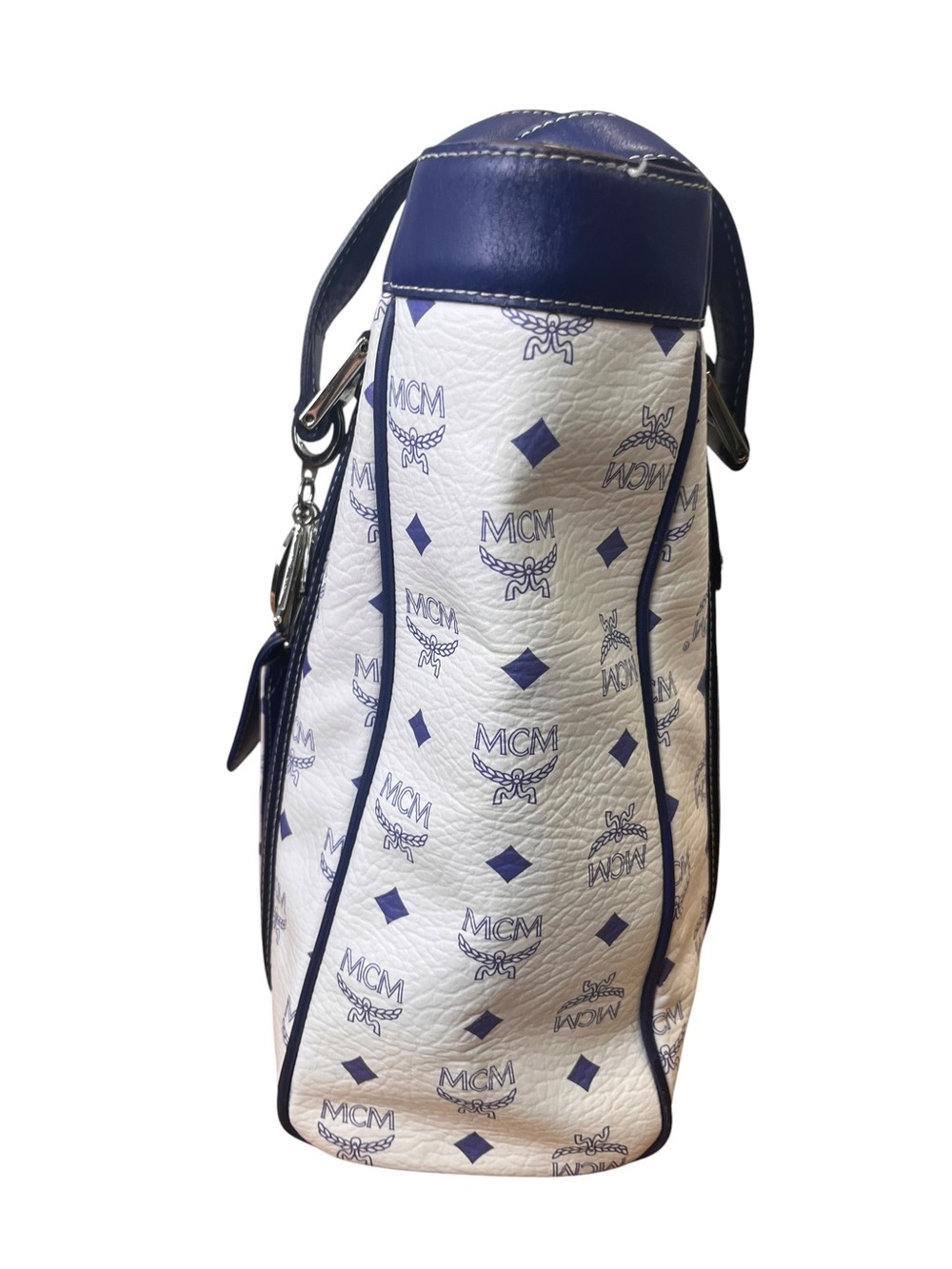MCM White Navy Blue Visetos Monogram Leather Tote Bag Authentic with Charms - Picture 7 of 16